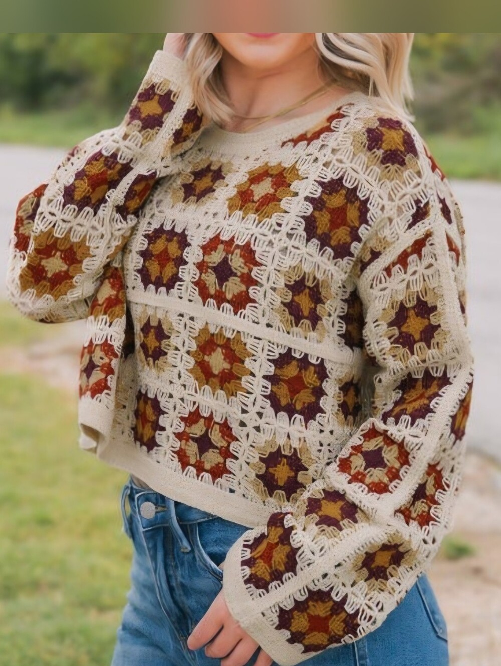 Maplewood Mix Crocheted Granny Square Crop Top (M)